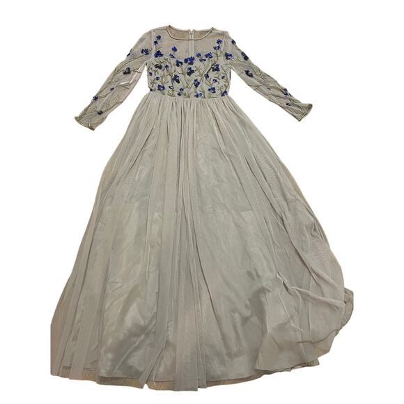 Aidan Mattox Ethereal Embroidered Tulle Longsleeve Floral Beaded Maxi Dress Sz 6 - Picture 1 of 6